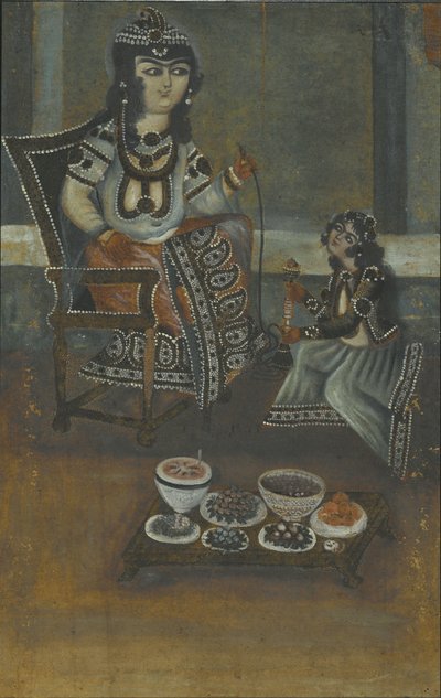 Female Attendant Offering a Waterpipe to a Princess Seated on a Throne by Iranian School